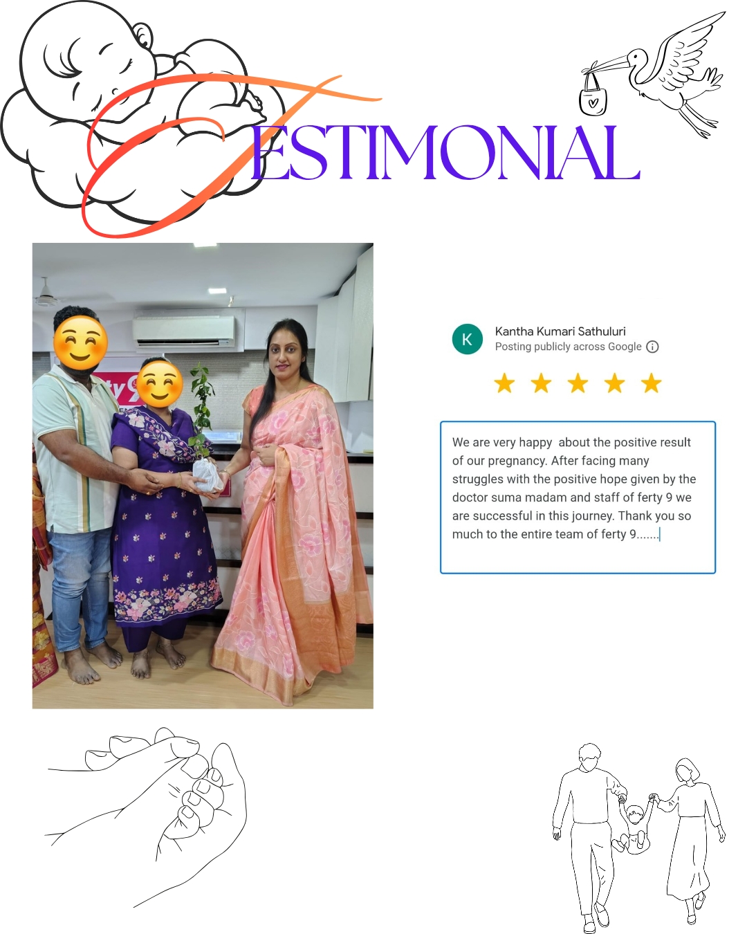 We are very happy about the positive result of our pregnancy. After facing many struggles with the positive hope given by the doctor suma madam and staff of ferty 9 we are successful in this journey. Thank you so much to the entire team of ferty 9.......
